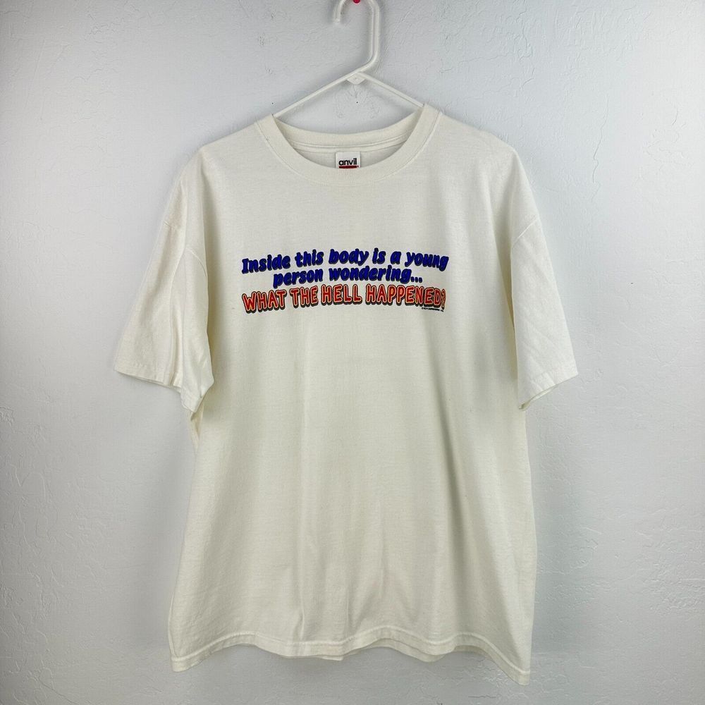 Vtg Funny Shirt Anvil Tshirt Mens XL White Blue Short Sleeve Graphic‎ Print